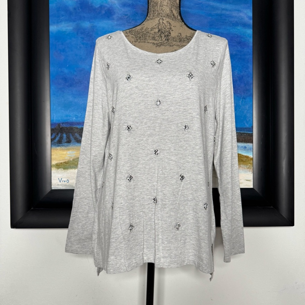 Chico's Elaina Embellished Beaded Heather Gray Long Sleeve T-Shirt